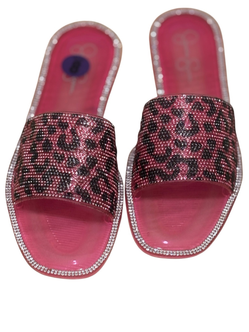 Jessica Simpson Hot Pink Leopard Slide Sandals with Rhinestone Trim Size 8